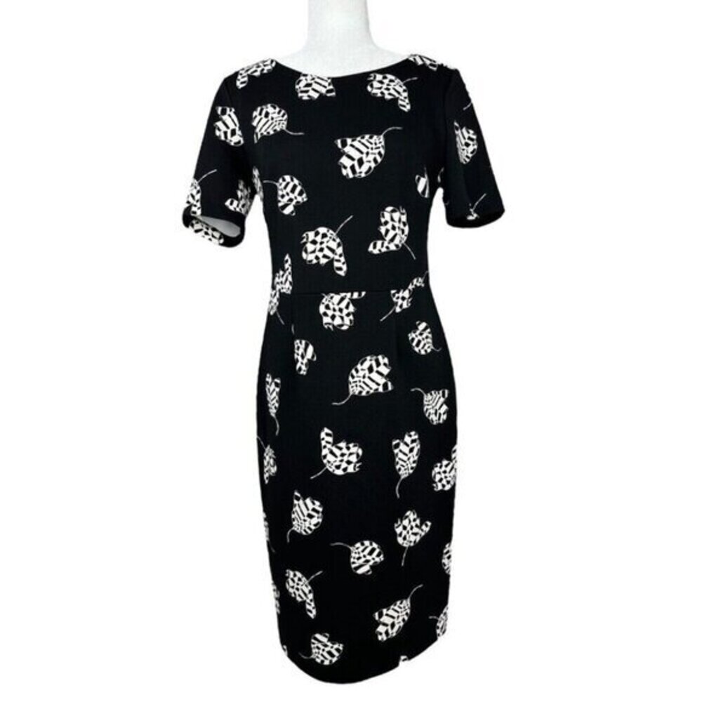 Vince Camuto Black White Geometric Leaf Print‎ Sheath Dress Womens Small